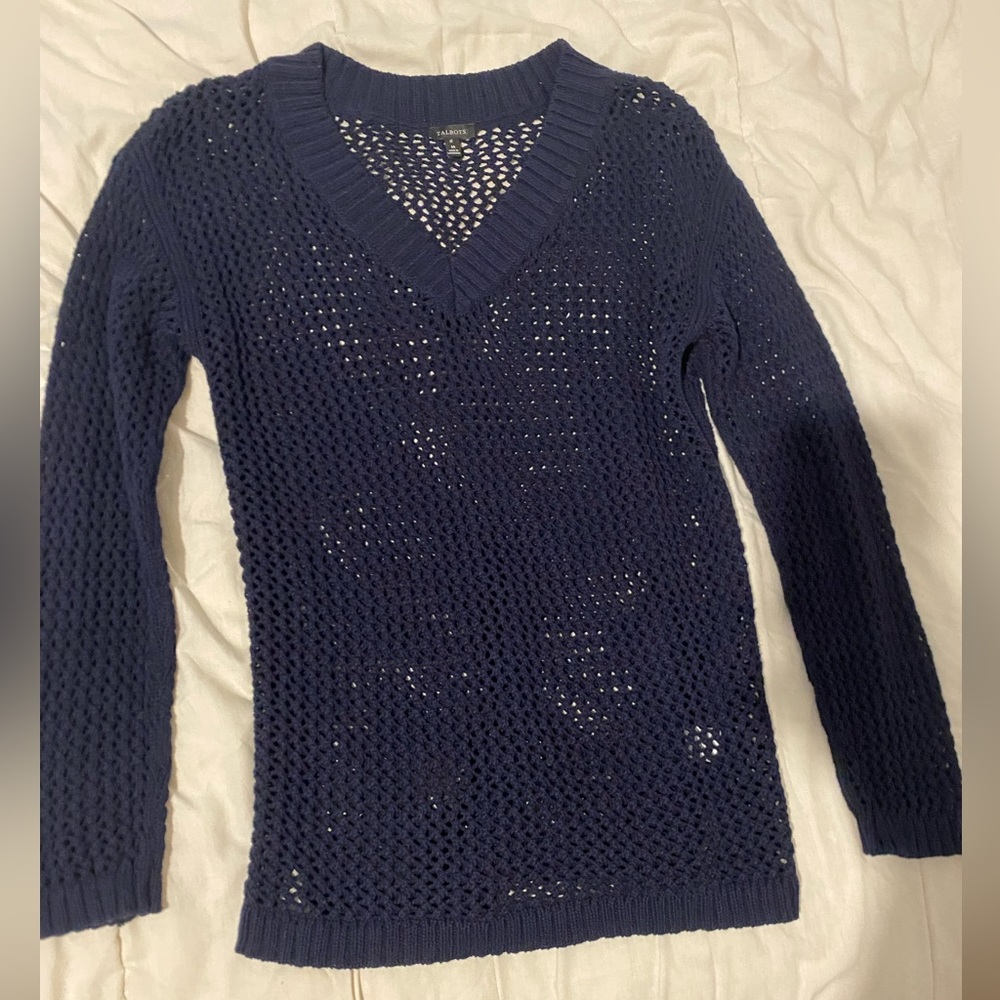 Talbots crocheted open knit, navy 100 percent cotton sweater. Women’s Size M